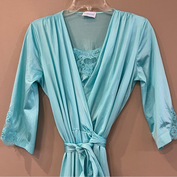 2 Piece Lorraine Vintage Lace Nightgown Robe Set One Size Aqua Teal Blue Green - Picture 2 of 16